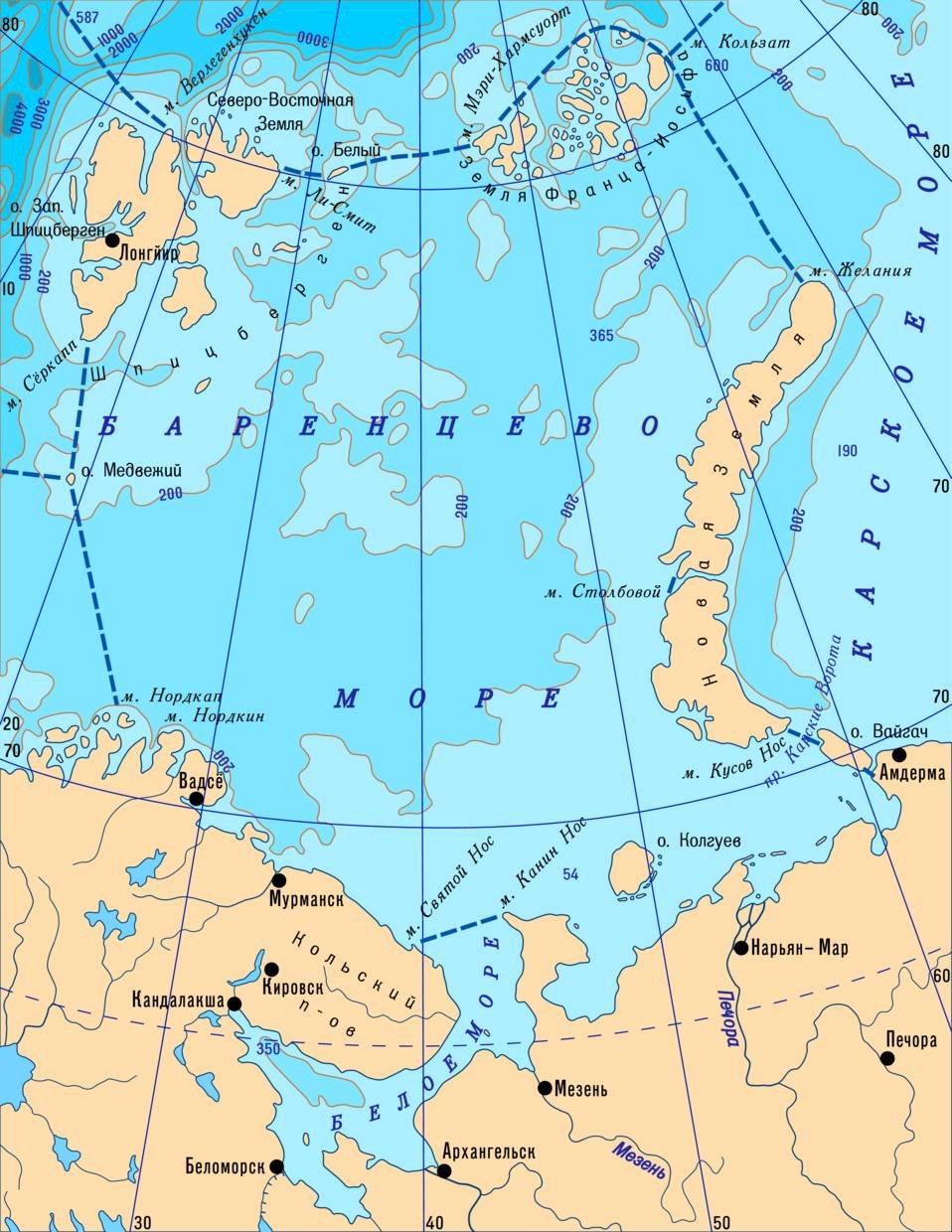 Белое и Баренцево море на карте