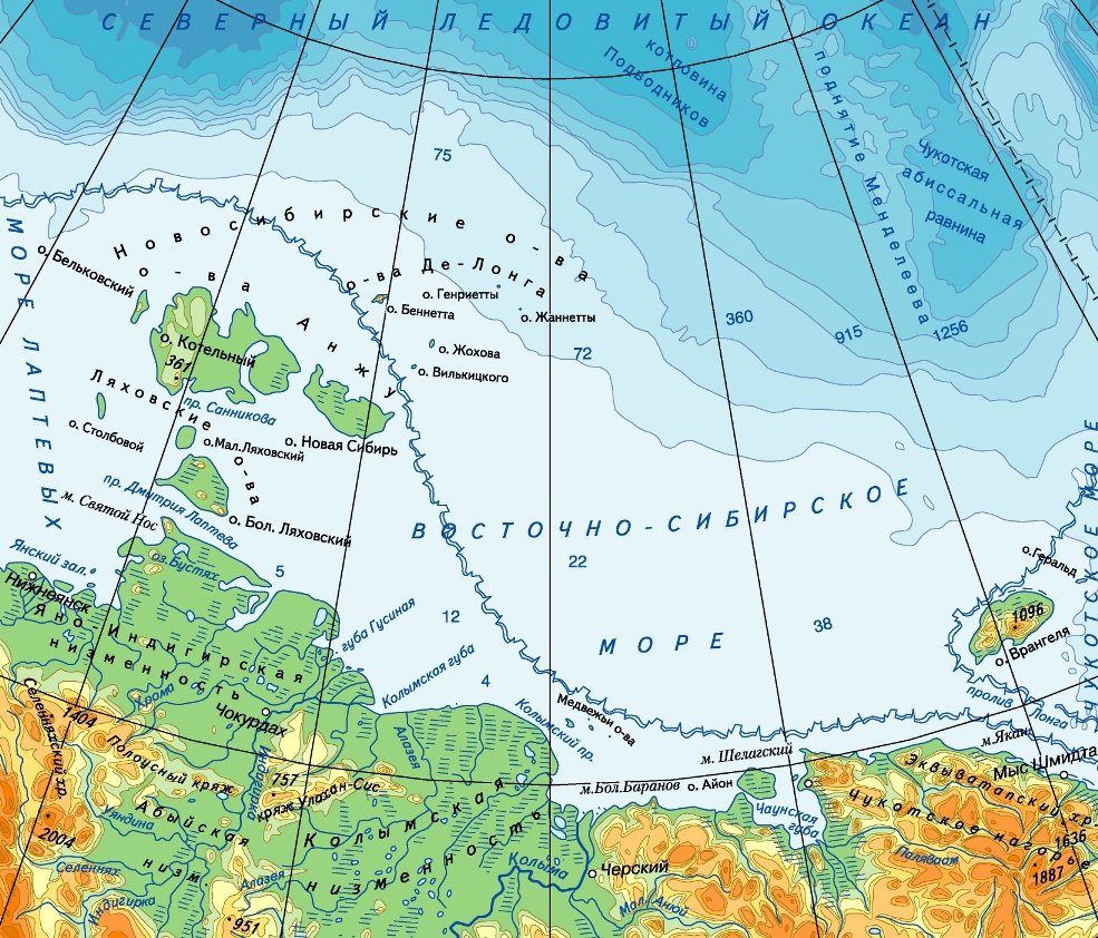 Восточно-Сибирское море на физической карте