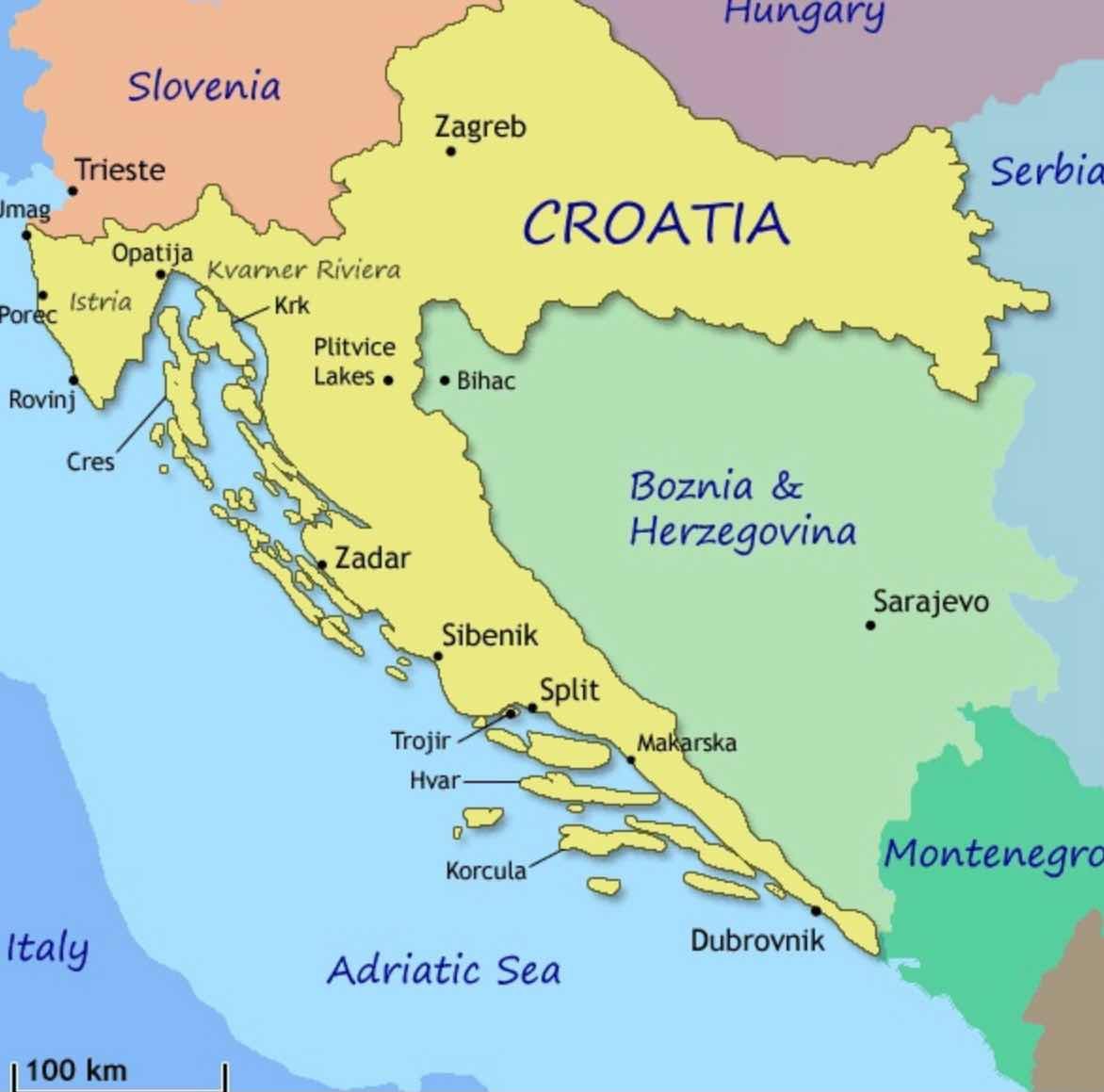 Столица Хорватии на карте