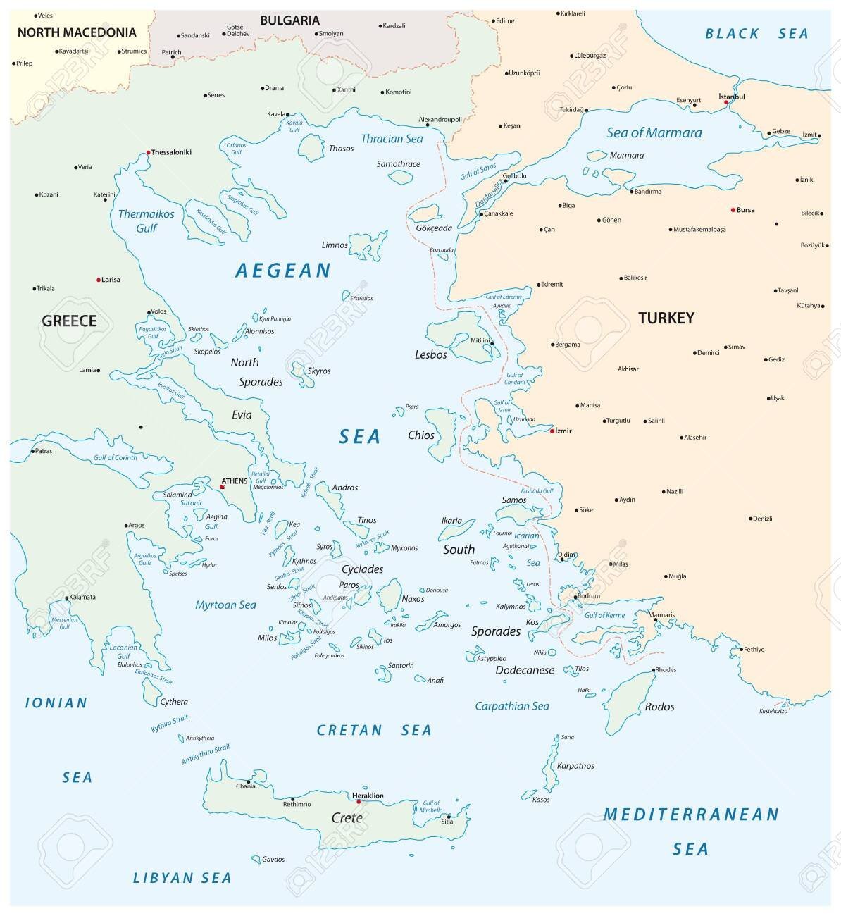 Граница Эгейского и Средиземного морей на карте