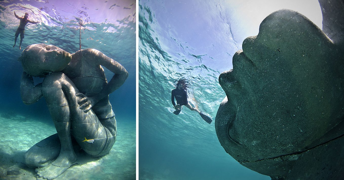 Люди опустившиеся на дно. Статуя подводный Атлант Багамы. Океанский Атлант подводная статуя. Океанский Атлант Багамские острова. Титан океан скульптура.