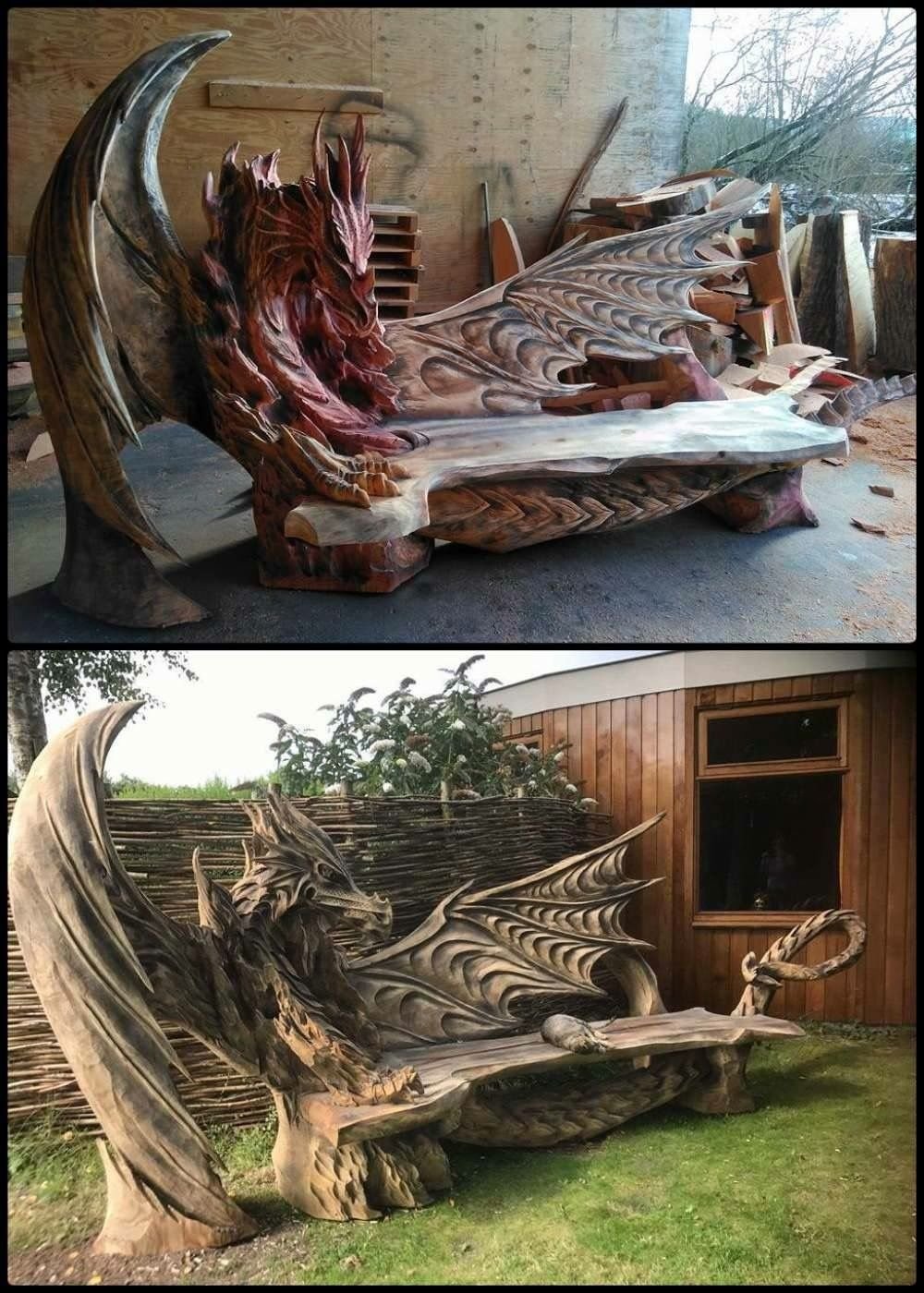 Скамейка дракон из дерева