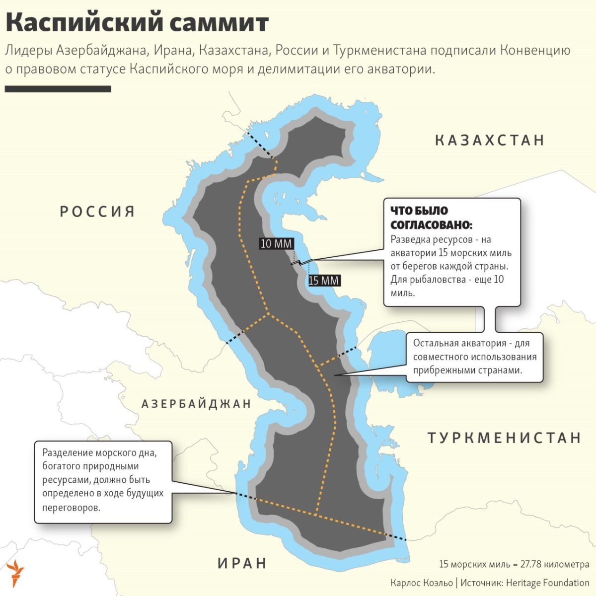 Границы Каспийского моря на карте