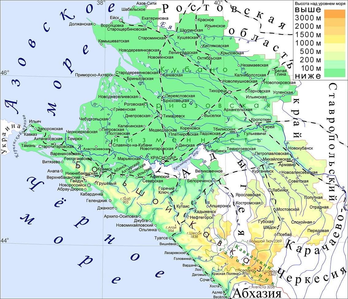 Карта Краснодарского края подробная с городами