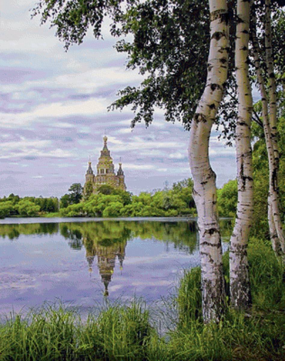 Россия лес речка храм Березки