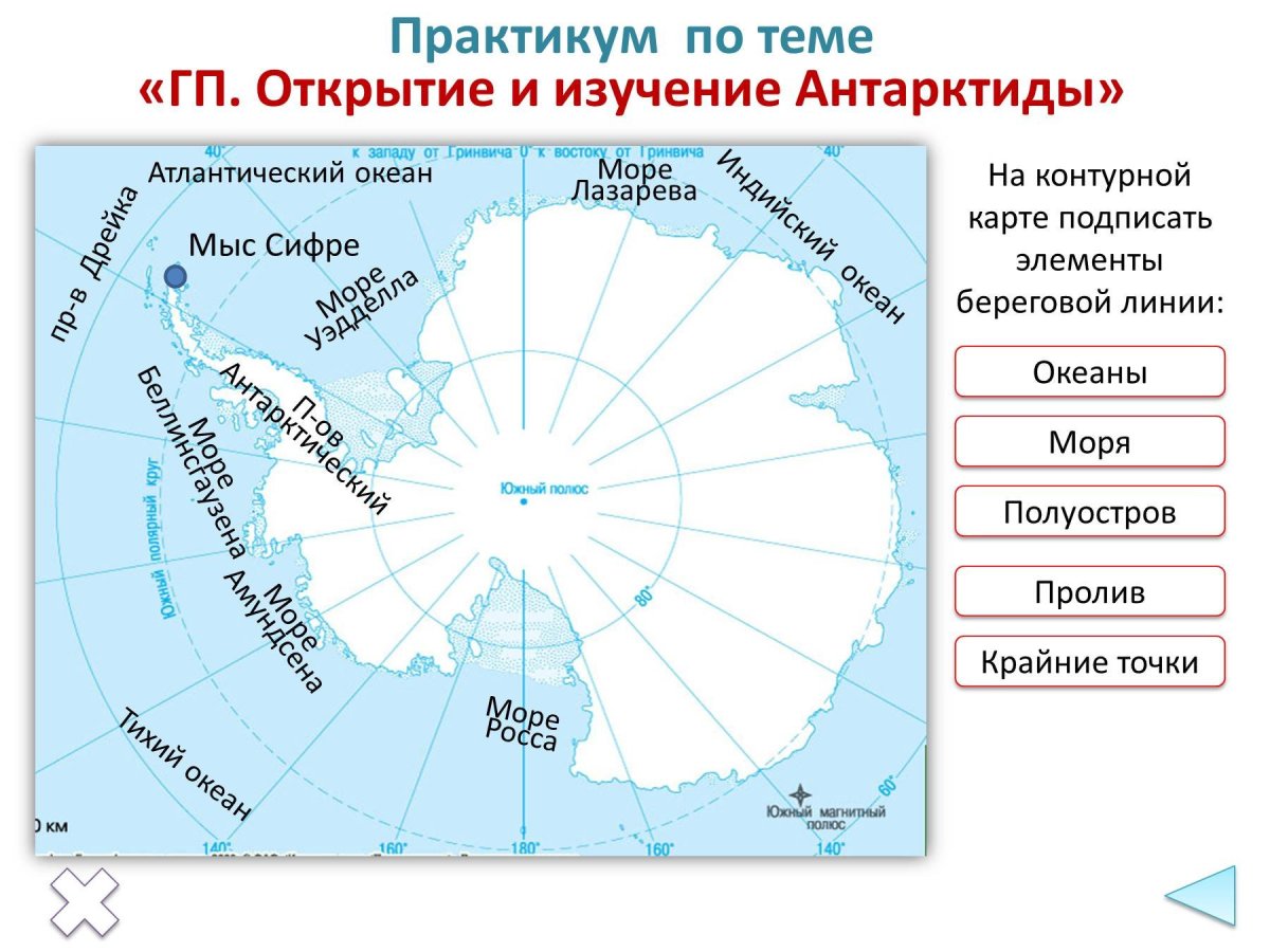 Моря: Амундсена, Беллинсгаузена, Росса, Уэдделла.
