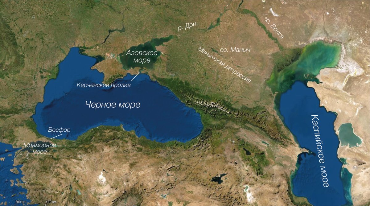Черное море и Каспийское море на карте