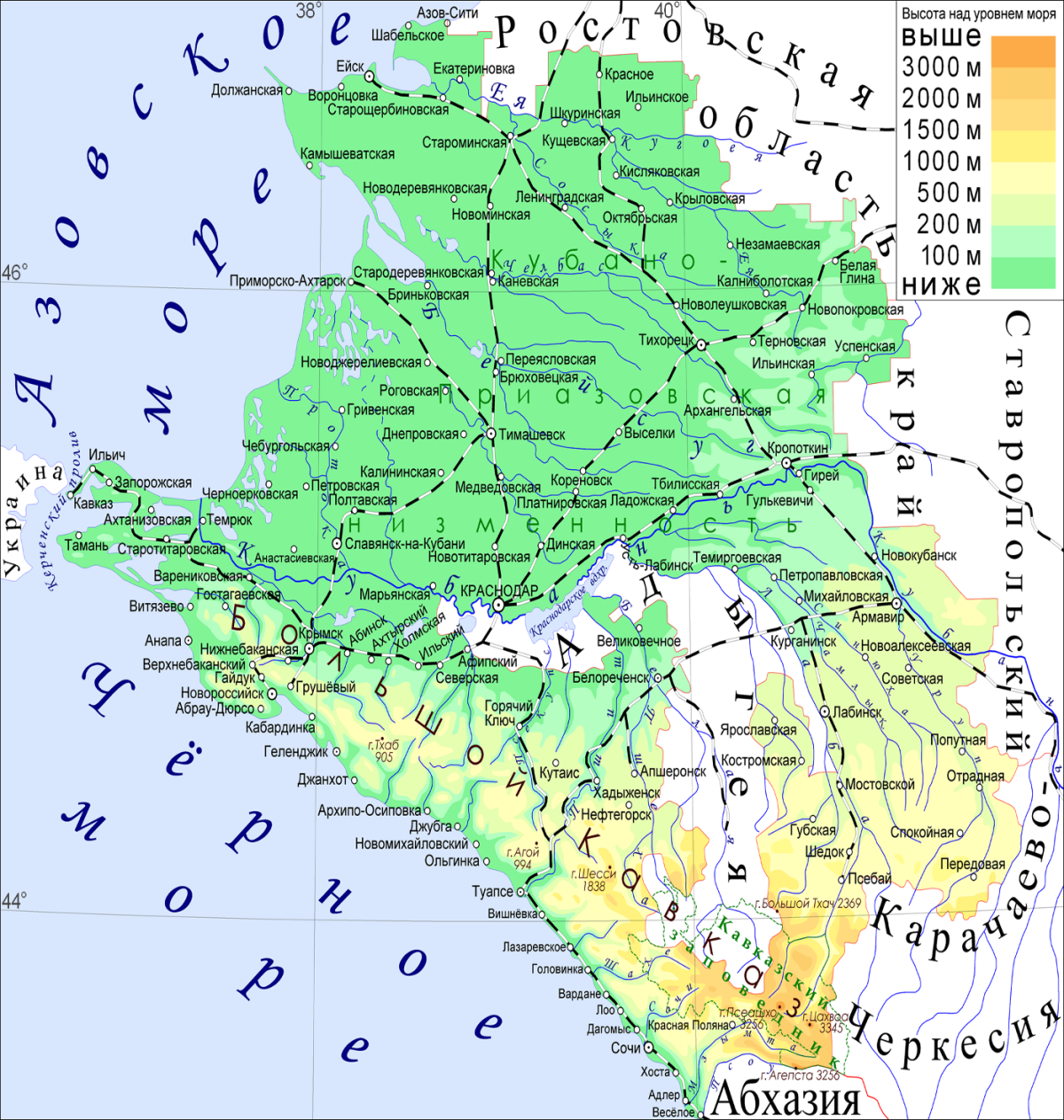 Карта Краснодарского края с городами