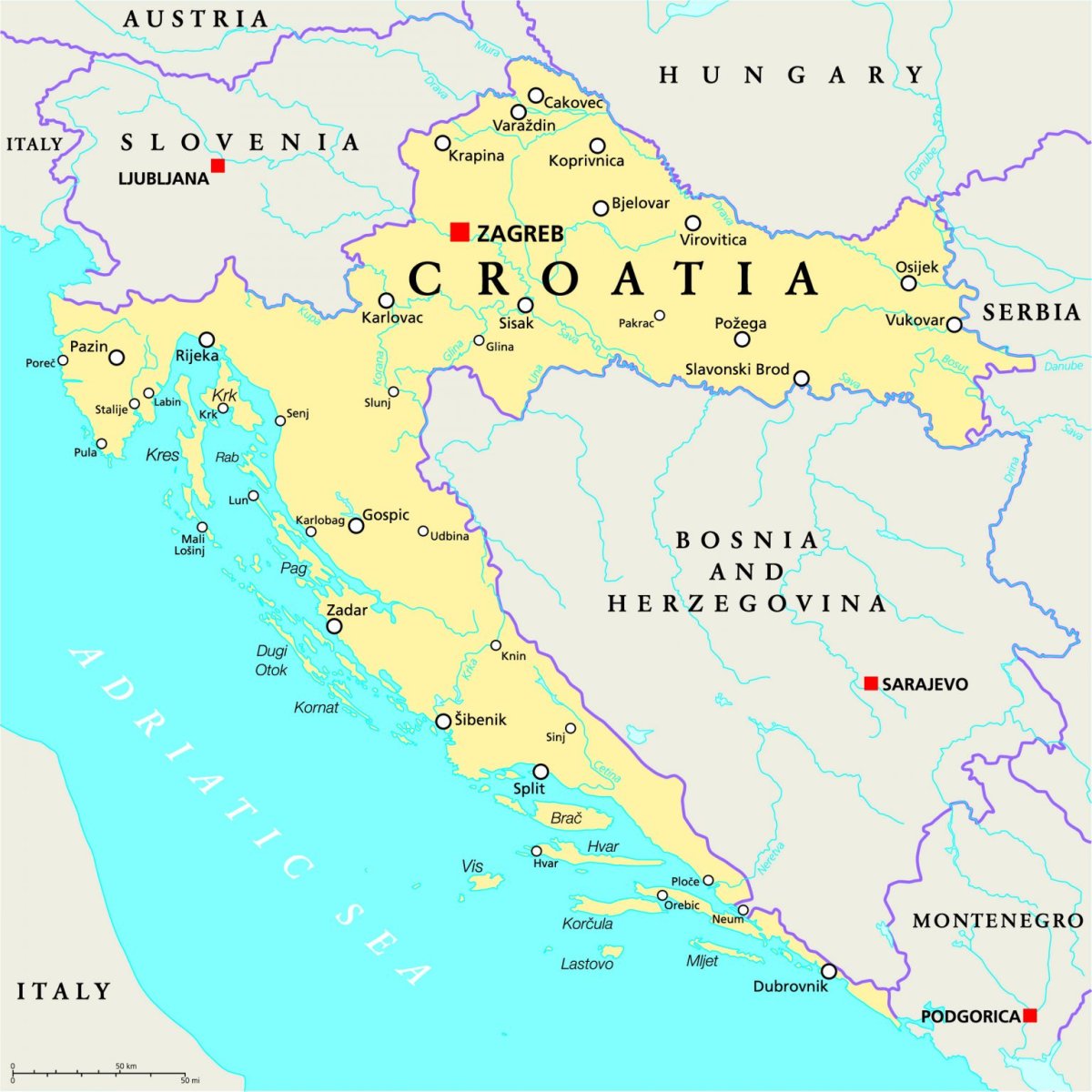 Хорватия и Босния и Герцеговина на карте