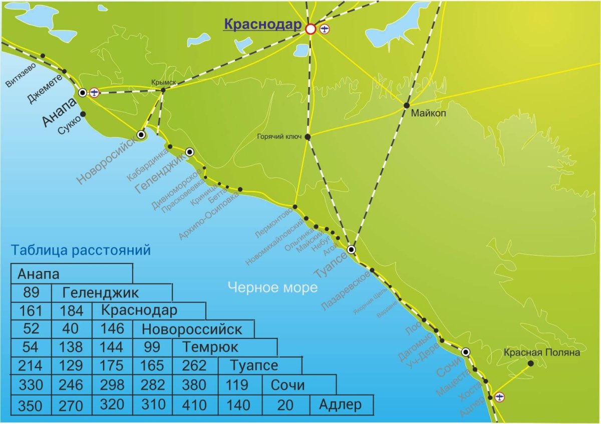 Карта Черноморского побережья Анапа Геленджик