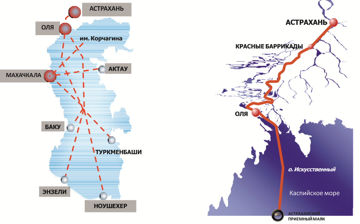 Порты Каспийского моря в России на карте