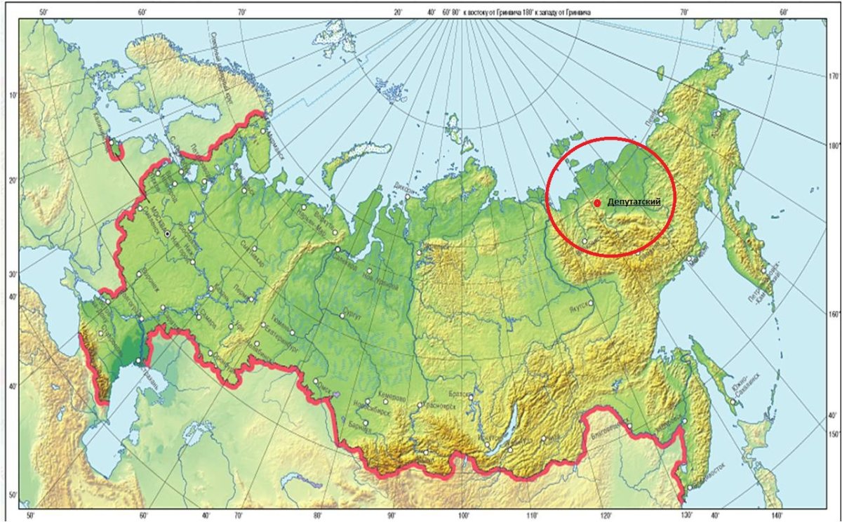 Географическая карта России с горами и равнинами
