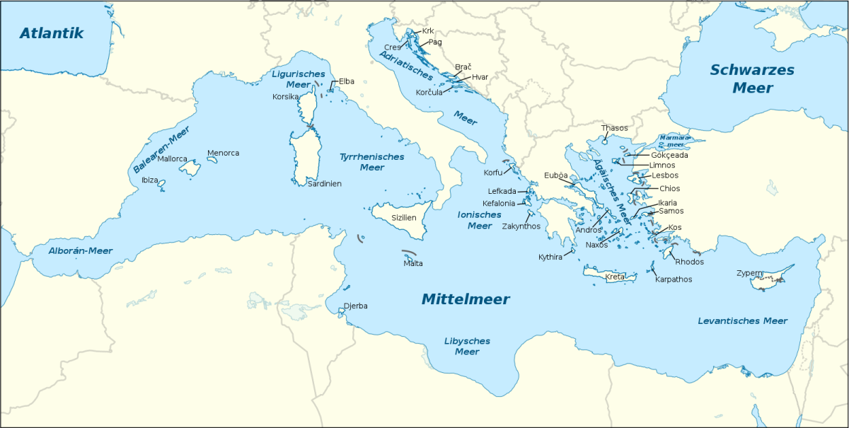 Границы Средиземного моря на карте