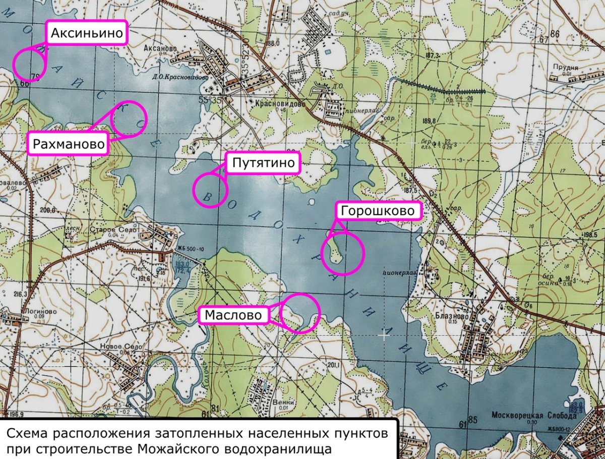 Карта глубин Можайского водохранилища район Красновидово