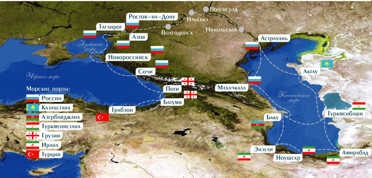 Карта Каспийского моря с портами
