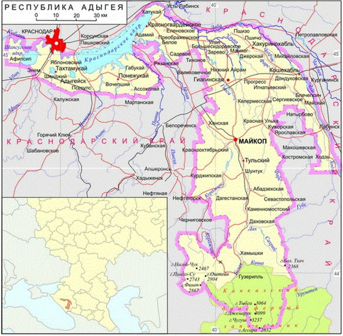 Карта Республики Адыгея с населенными пунктами