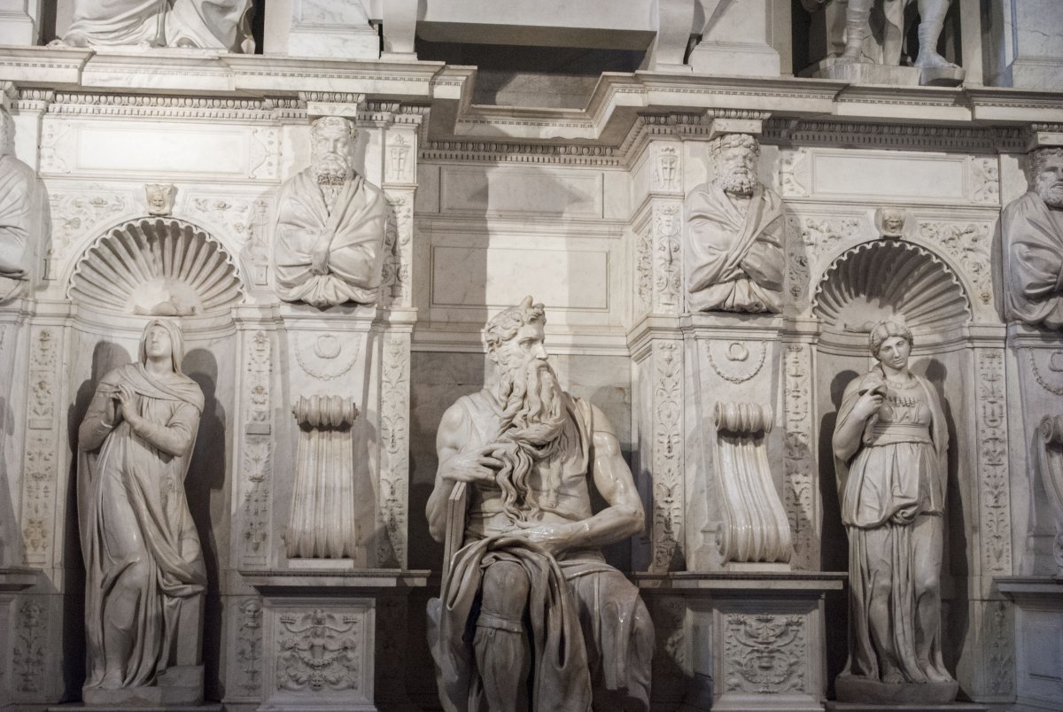 Moses, with Horns, by Michelangelo, 1513–1515, in Basilica San Pietro in Vincoli, Rome