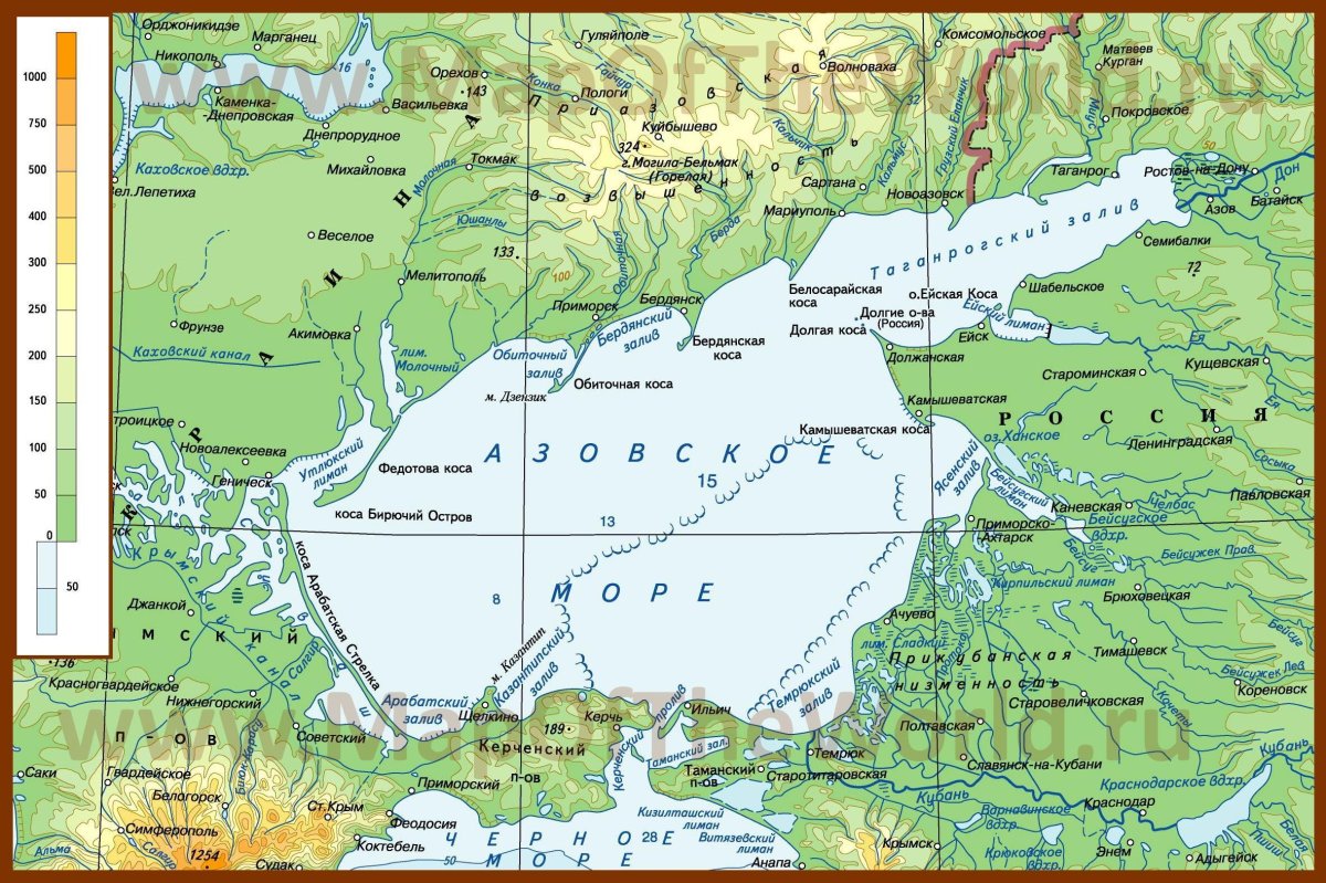 Азовское море на контурной карте