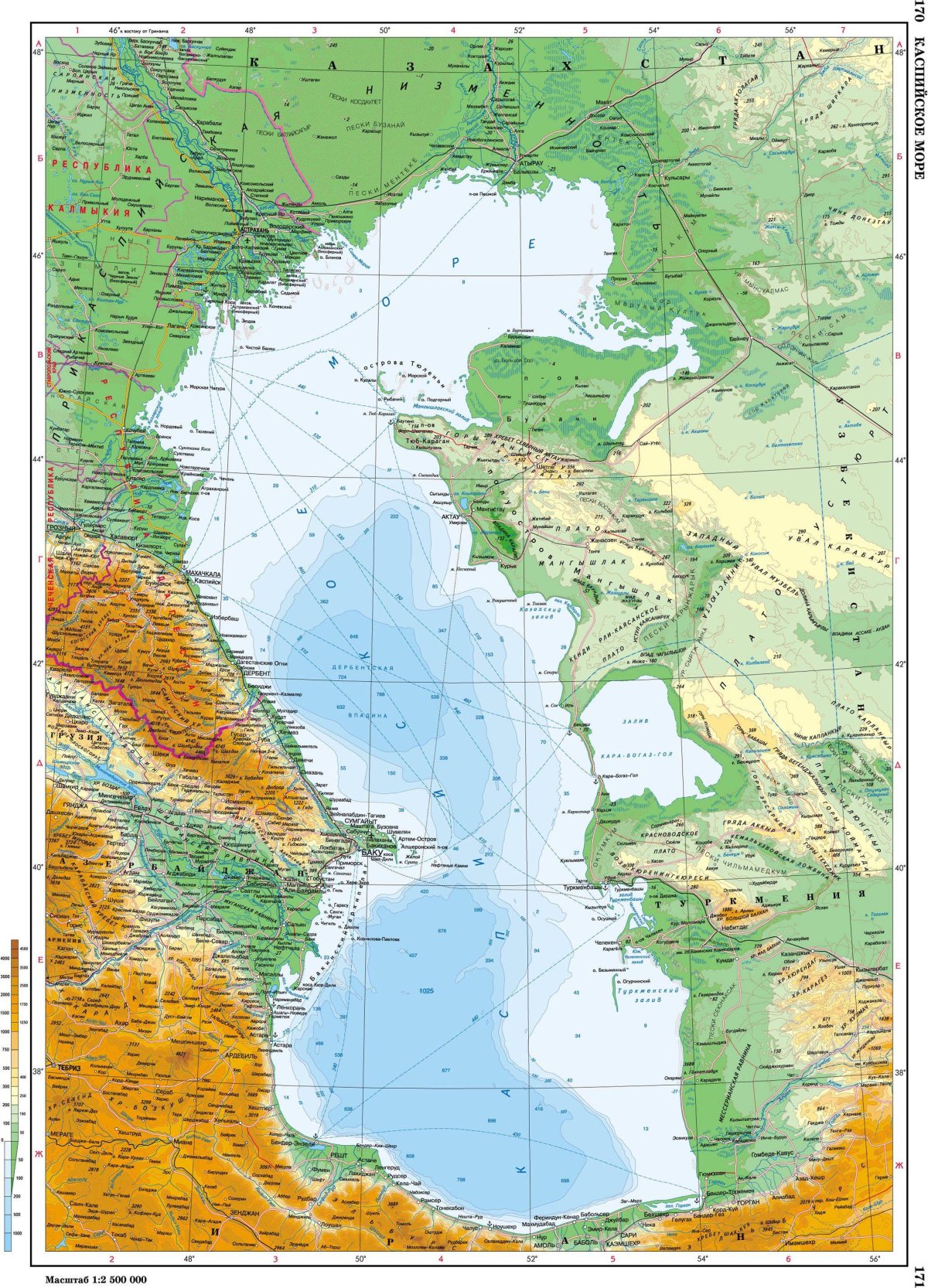 Границы Каспийского моря на карте