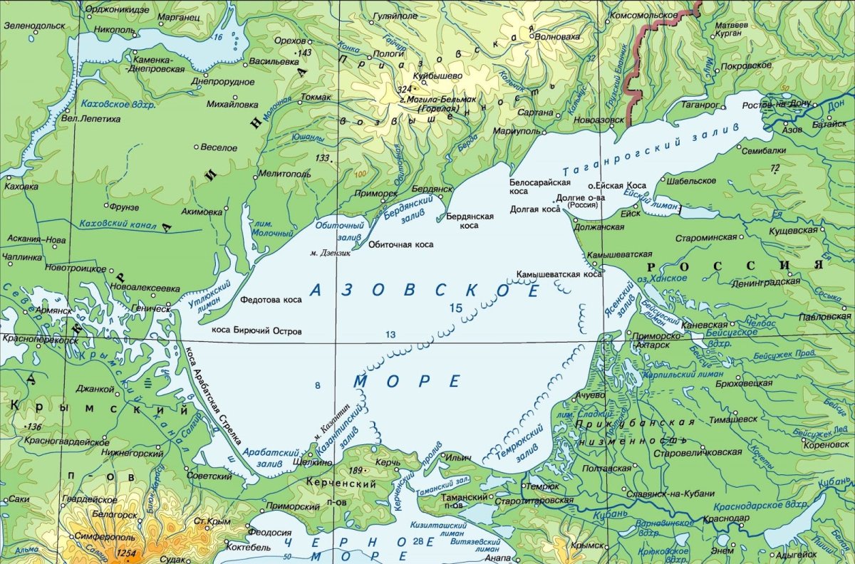 Азовское море на контурной карте