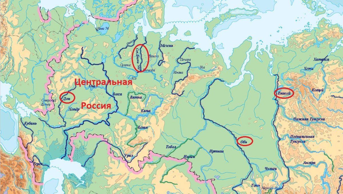 Река Лена и Енисей на карте России