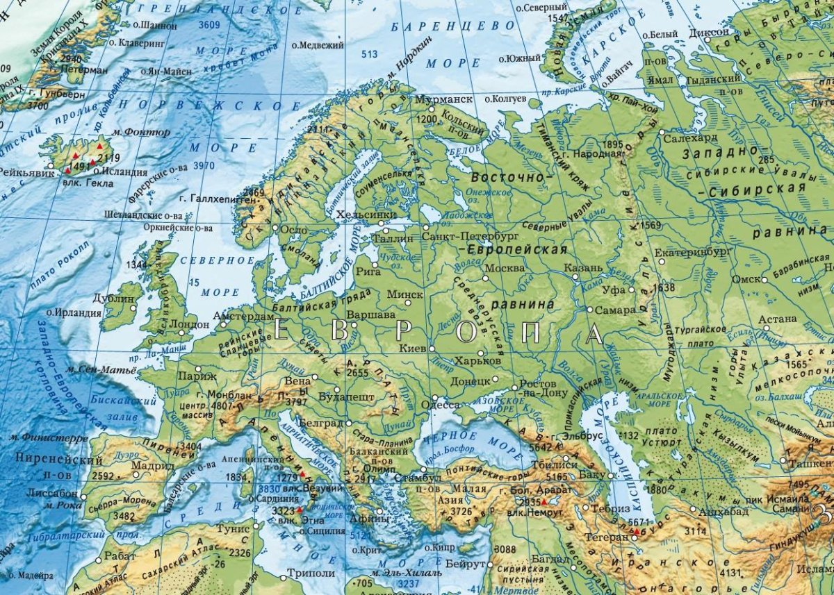 Физическая карта зарубежной Европы