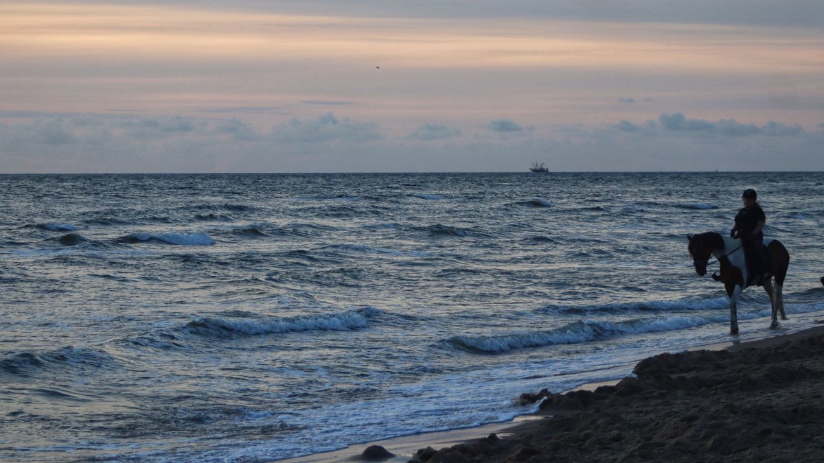 Розовый закат на море корабль