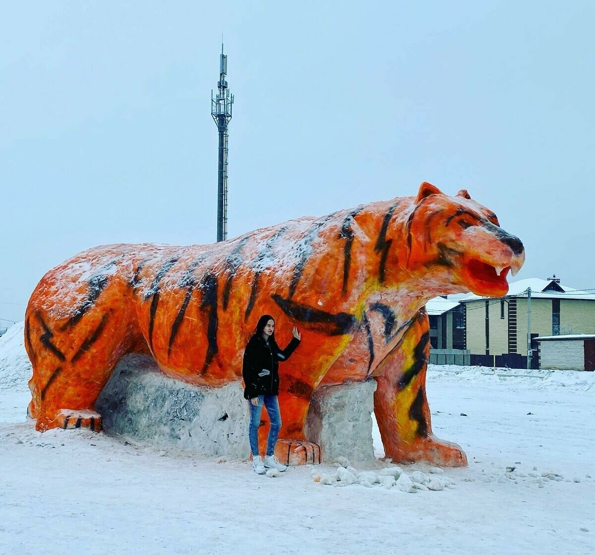 Фигура тигра из снега