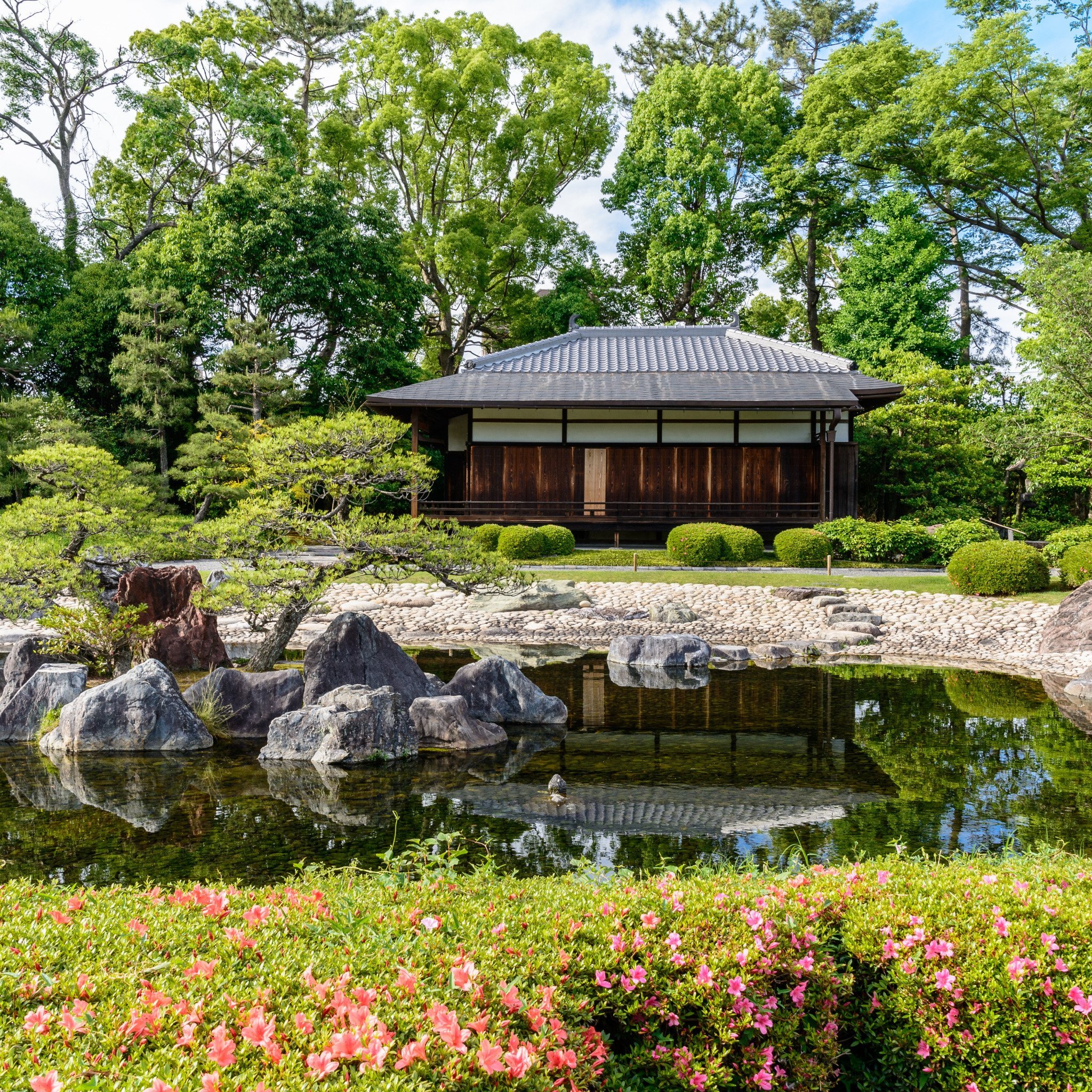 Японский пруд. Сады замка Нидзё в Киото Ботанический сад. Японский сад Киото. Парк камней сад камней Япония. Киото Япония парк камней.