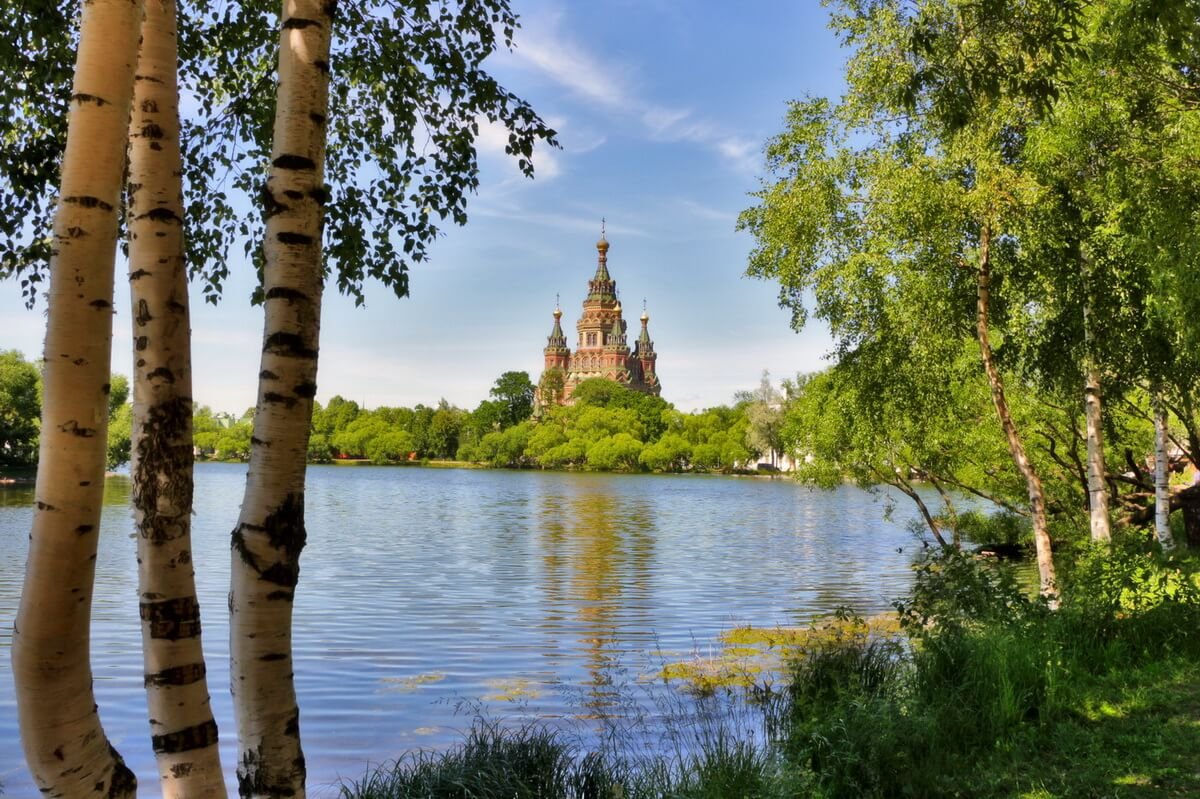 Река берег березы Церковь