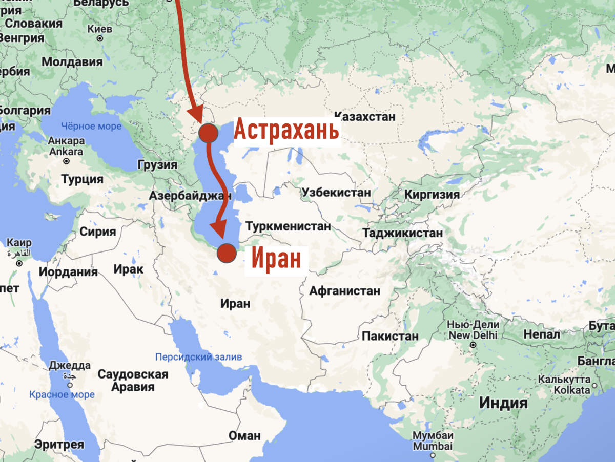 Граница Ирана и России на карте