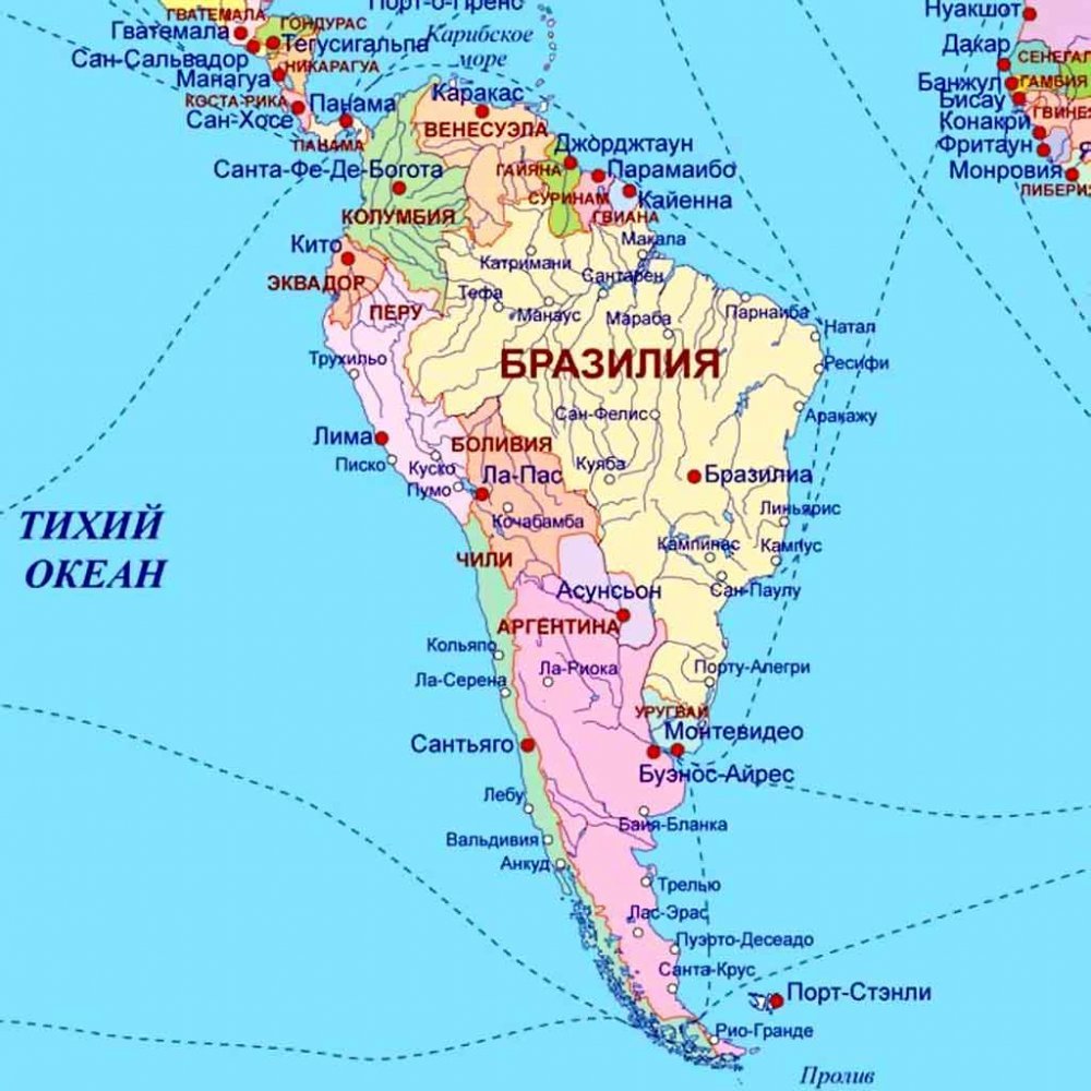 Политическая карта Южной Америки со странами на русском