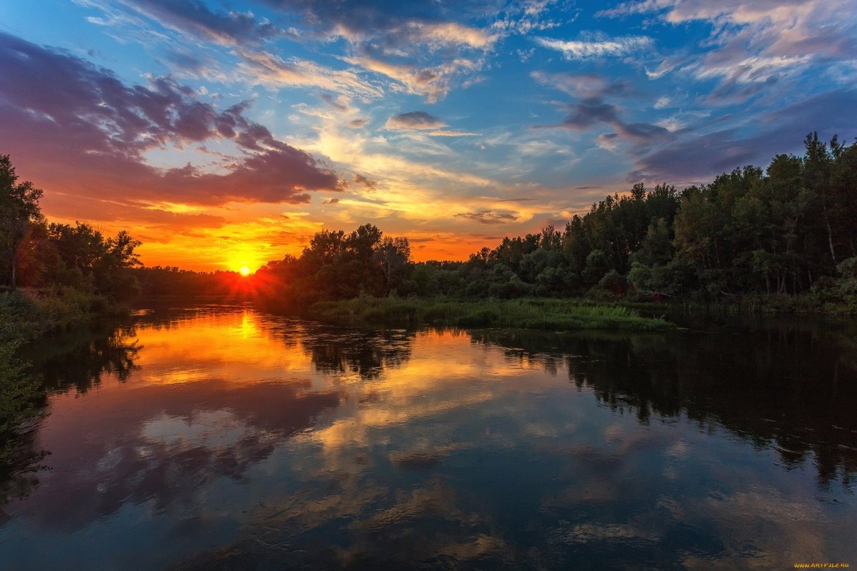 Закат лес река