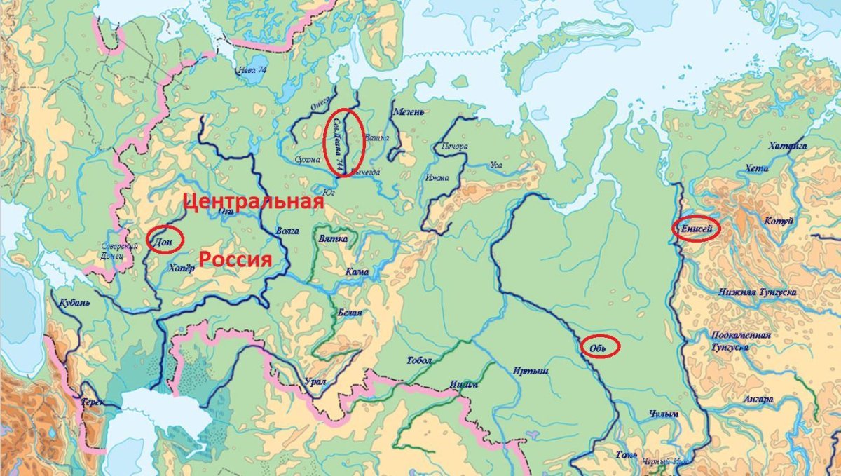 Реки Лена Обь и Енисей на карте России