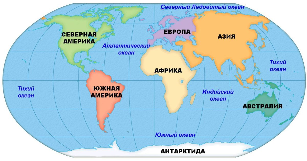 Карта материков и океанов с названиями