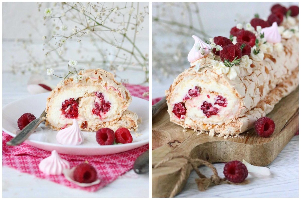 Меренговый рулет с малиной и фисташками