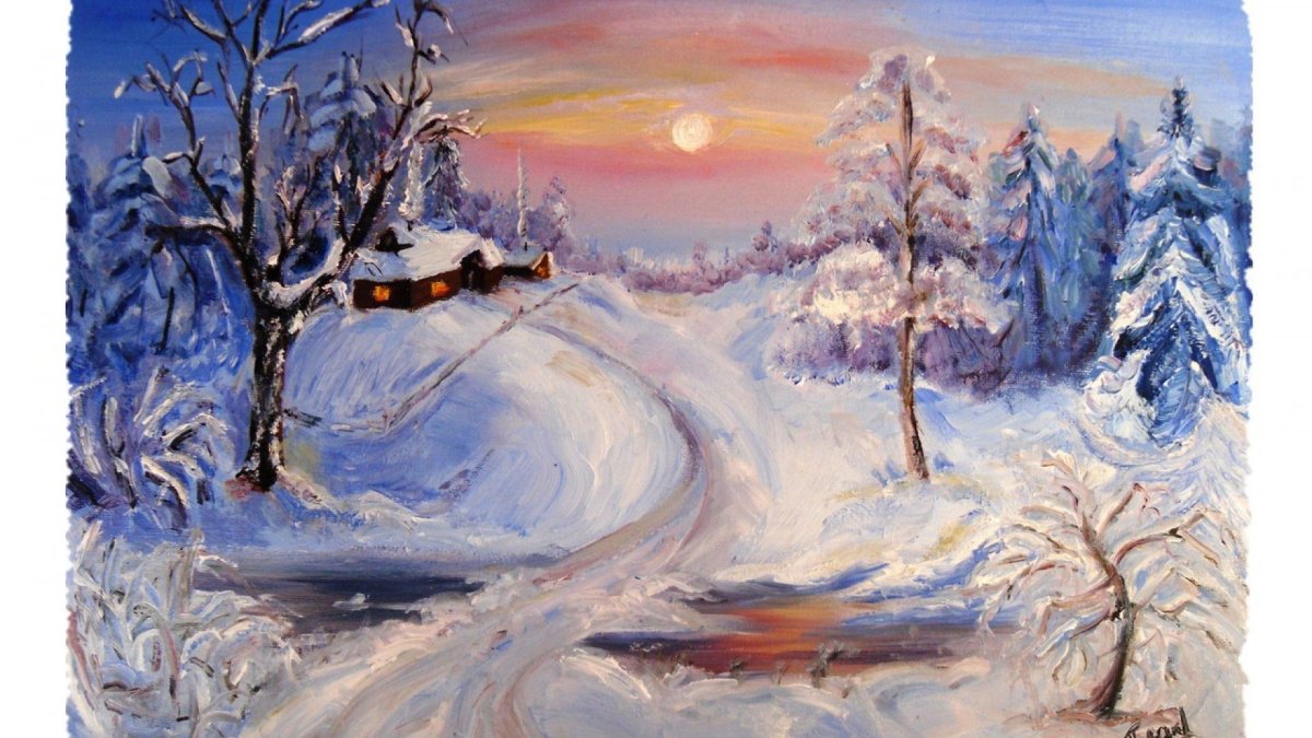 Пейзаж гуашью зима