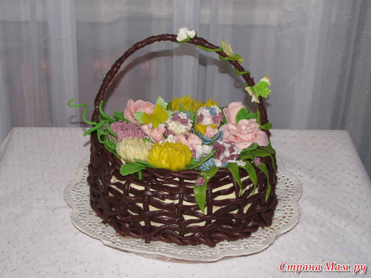 Торт корзинка с розами из крема