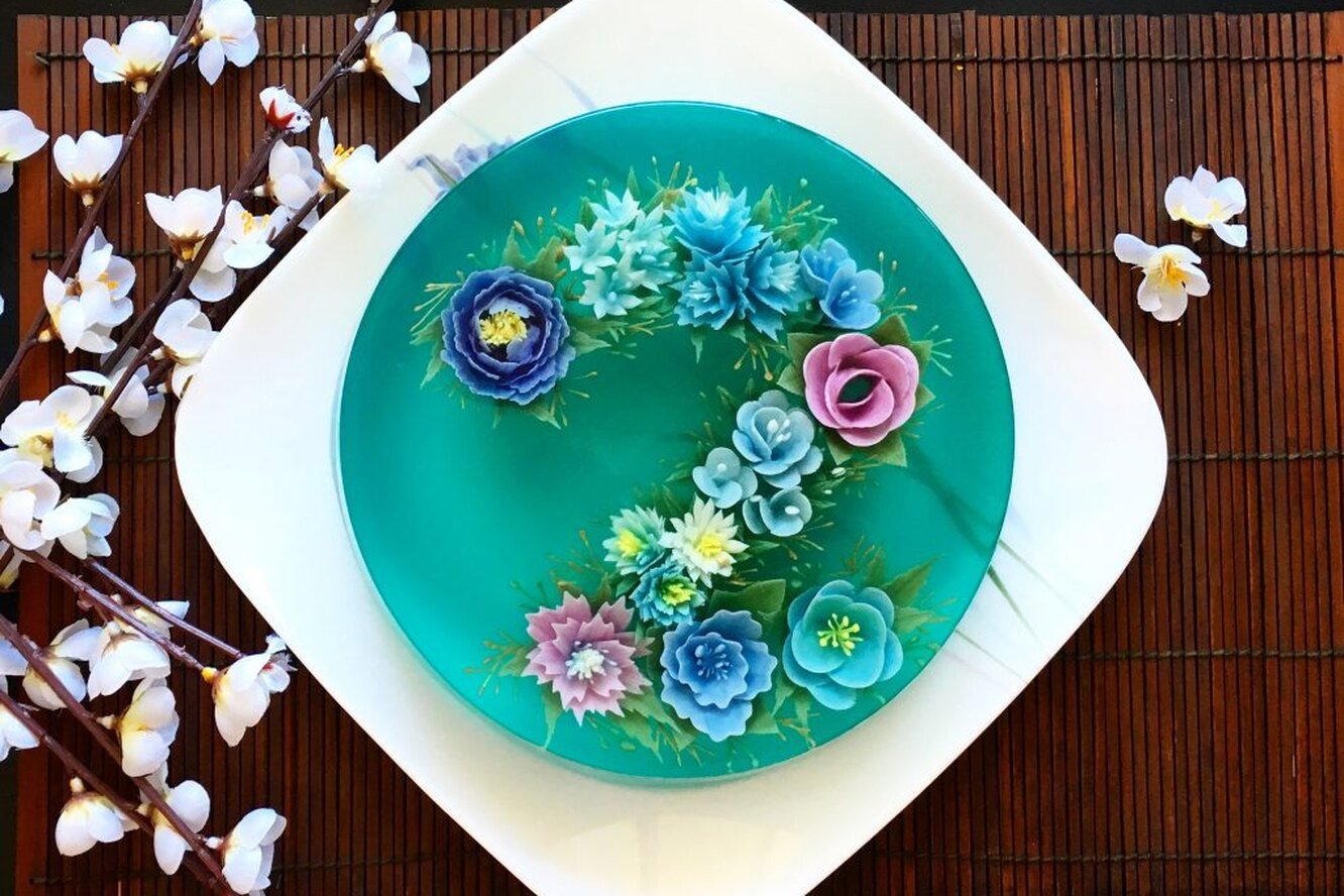 Желейные цветы. Сью Хен Бун. Торт желе 3д. Сью Хен Бун 3-д желейные торты. Украшения из желе.