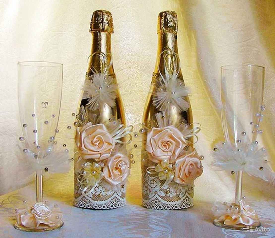 Украшение бутылок шампанского на свадьбу своими руками. Мастер-класс с фото