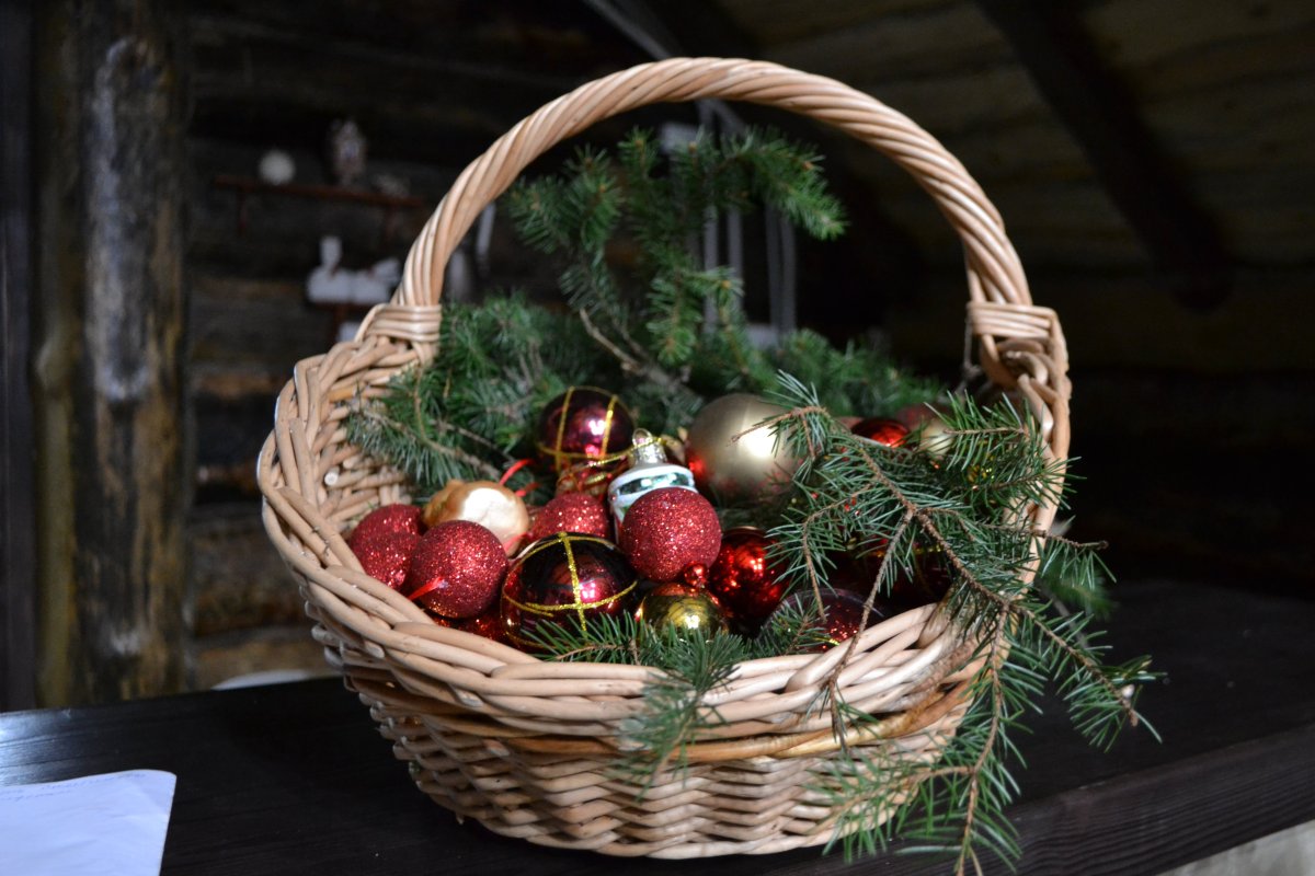 Корзина с новогодними игрушками