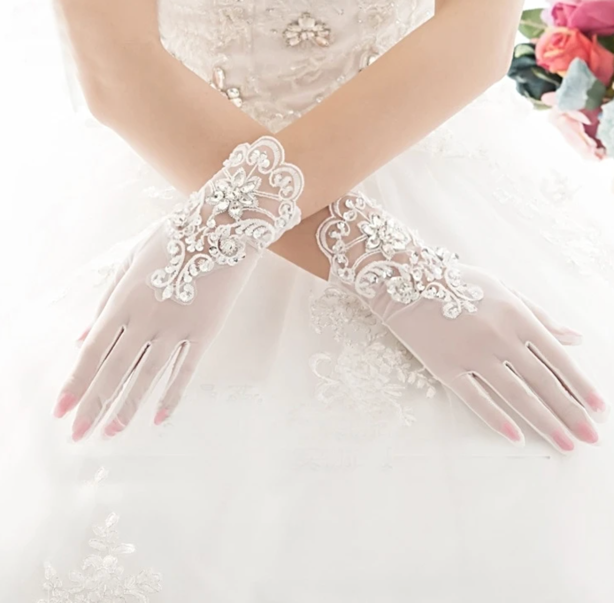 Women White Wedding Bridal short Gloves Full finger see through ribbon Bowknot Decor Wrist length Costume Prom Party Solid Color