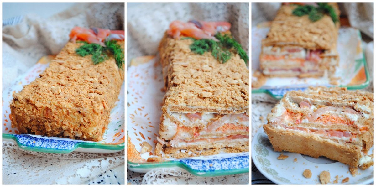 Вафельный торт закусочный с консервой рыбной