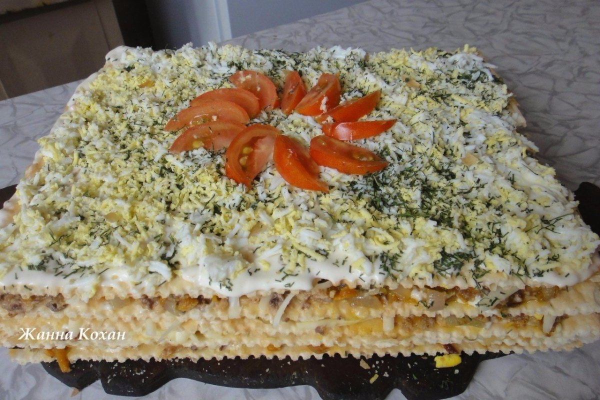 Селедочный торт на вафельных коржах