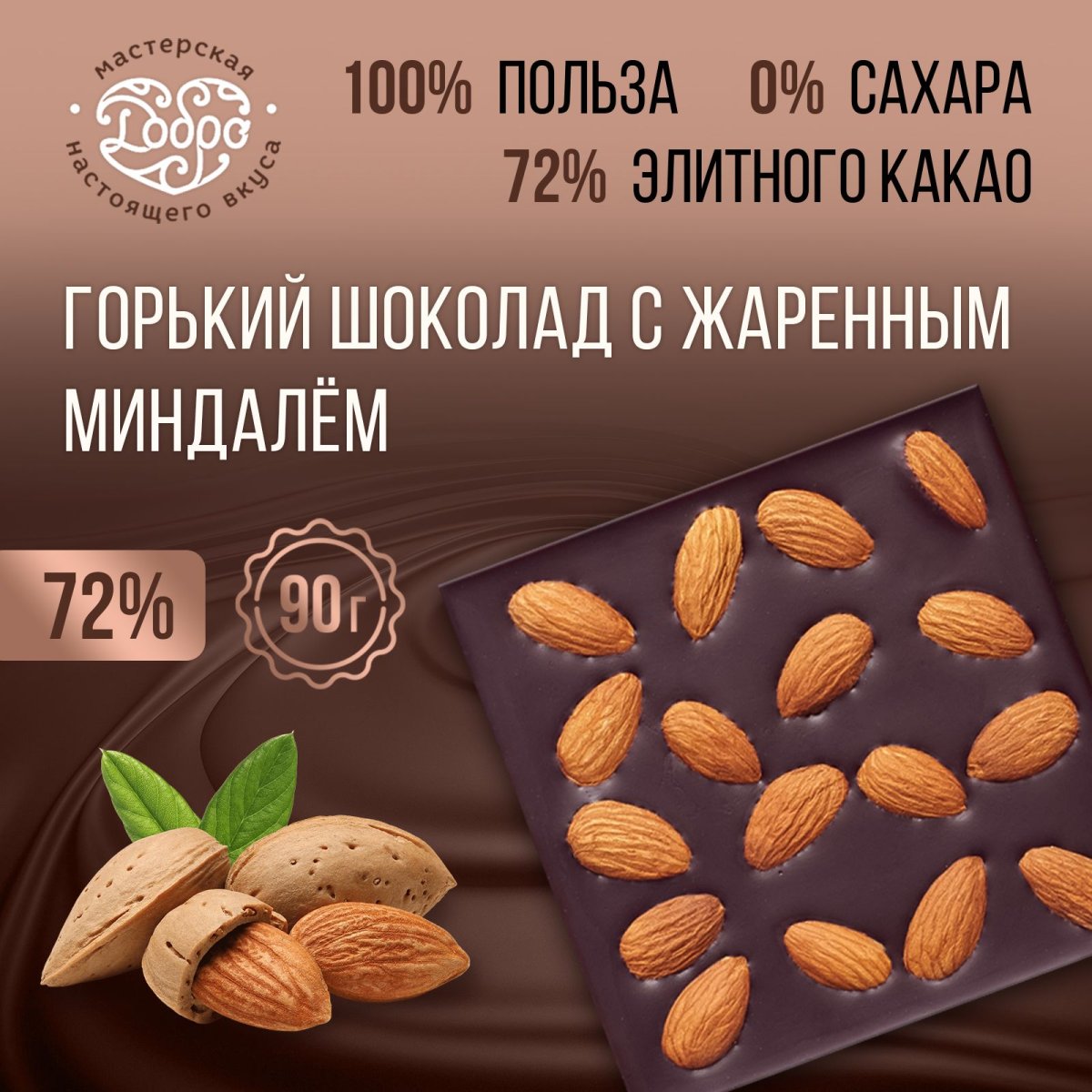 Шоколад мастерская шоколада добро Горький на меду с кедровым орехом 72% какао