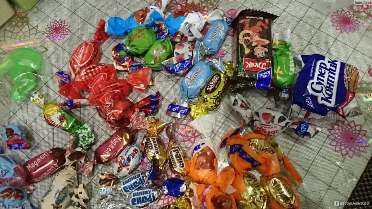 Много конфет и сладостей и новогодние подарки
