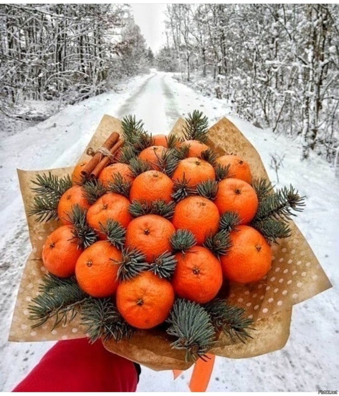 Корзинка с мандаринами и еловыми ветками