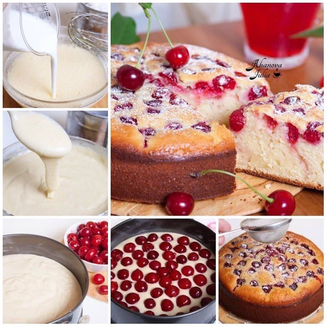 Песочный пирог с вишней и сметанной заливкой