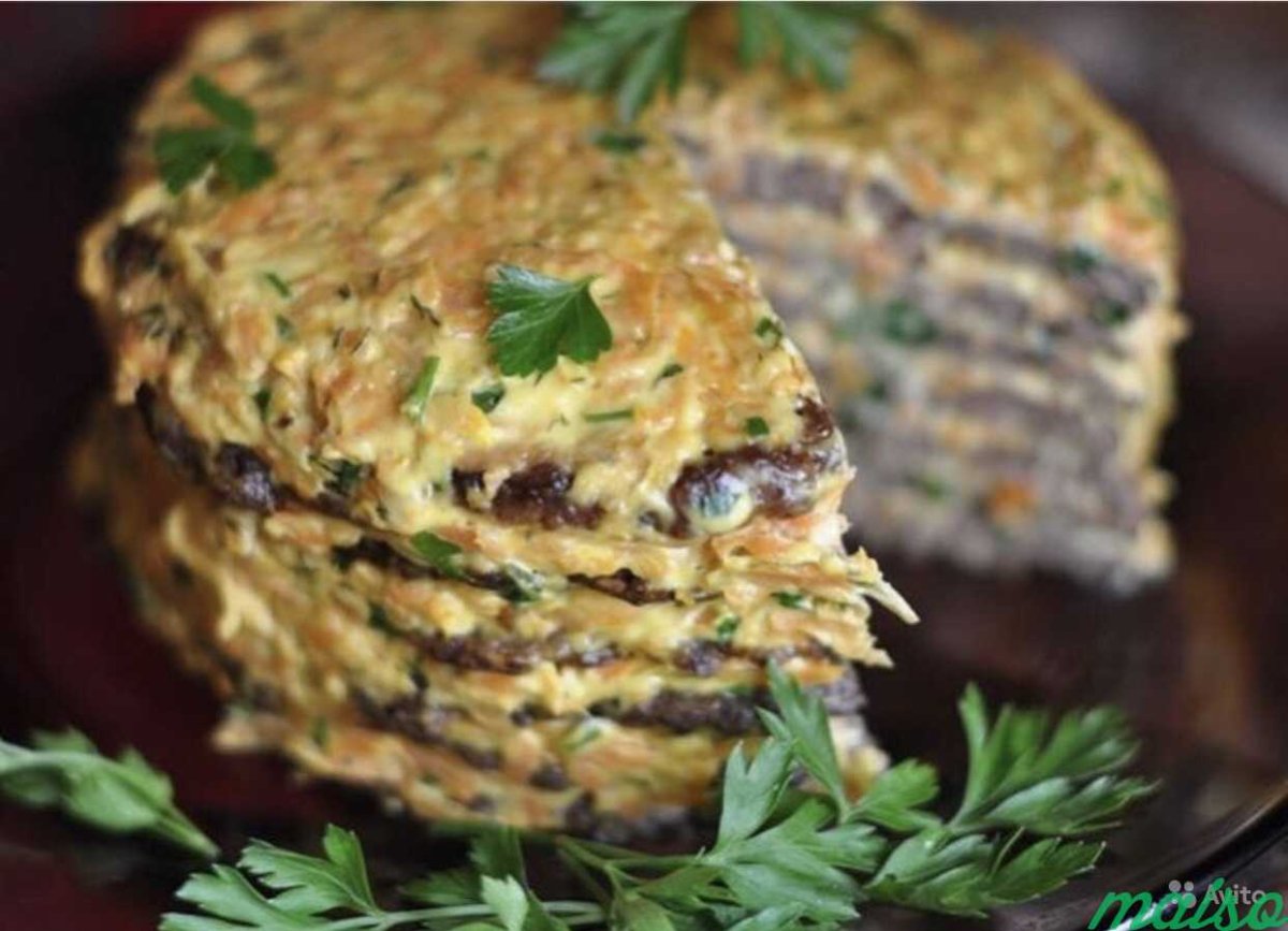 Печёночный торт с грибами