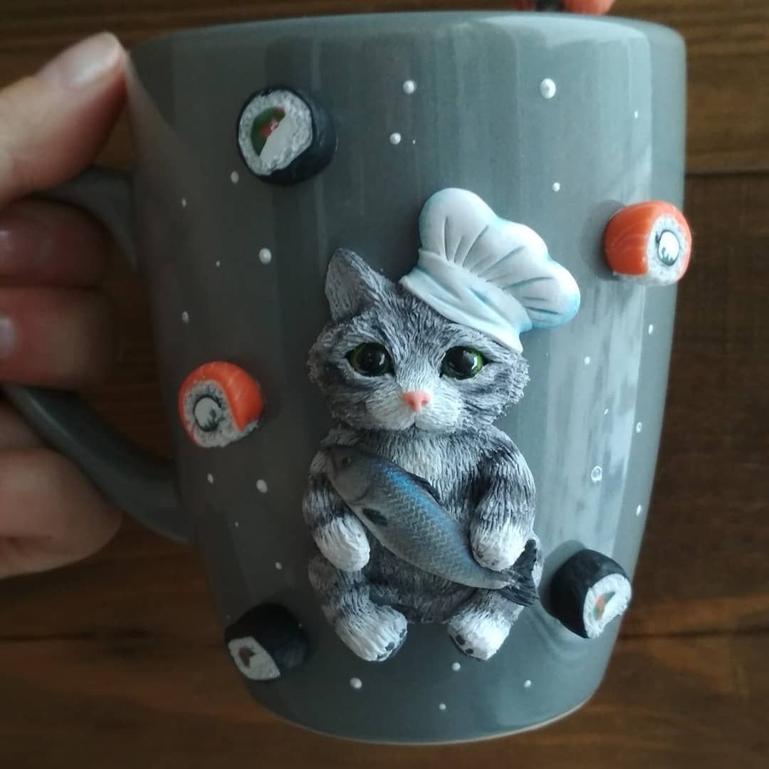 Кот из полимерной глины на кружке